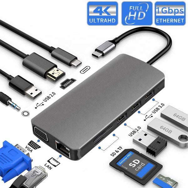 All in One 11 Port Hub - 3.0 Docking Station Type C FyreFly Sky