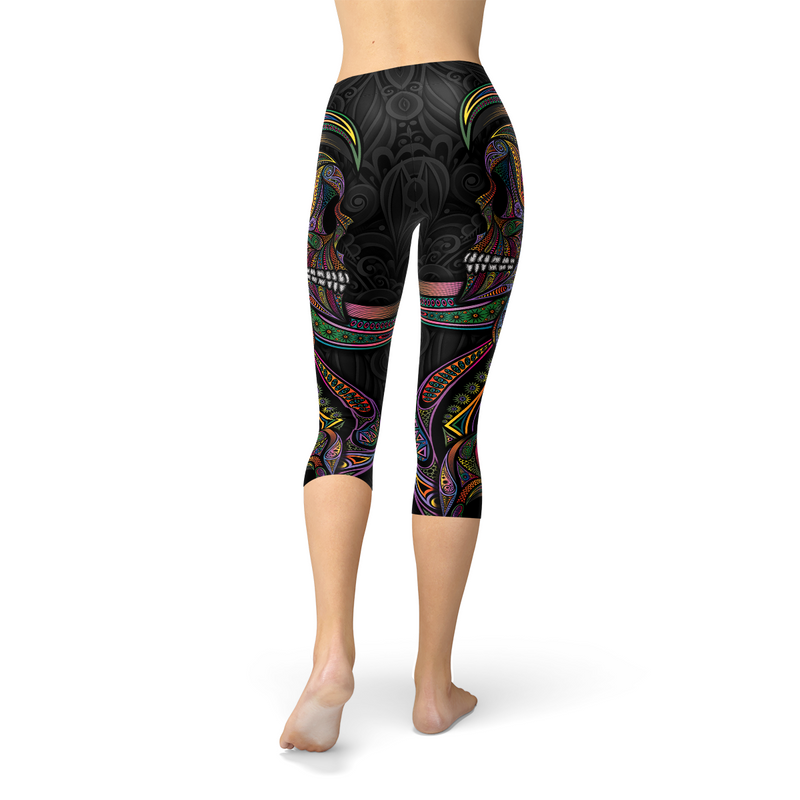 Womens Sugar Skull Capri Leggings Maroon Sooty