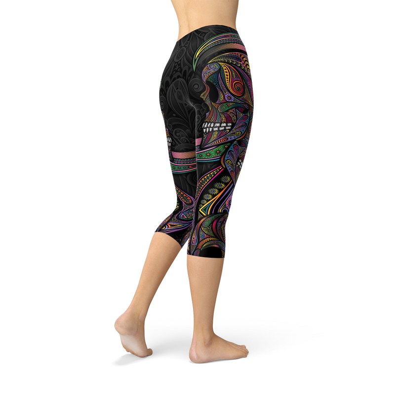 Womens Sugar Skull Capri Leggings Maroon Sooty