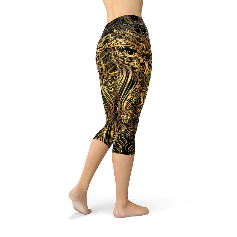 Golden Ornament Owl Capri Leggings Maroon Sooty