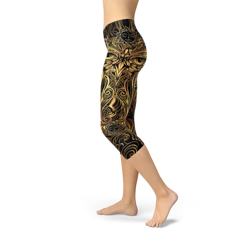 Golden Ornament Owl Capri Leggings Maroon Sooty