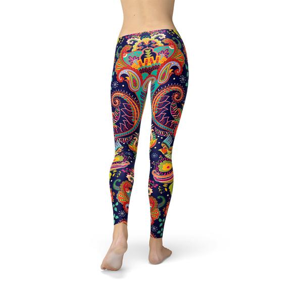 Womens Ornamental Blue Paisley Leggings Maroon Sooty